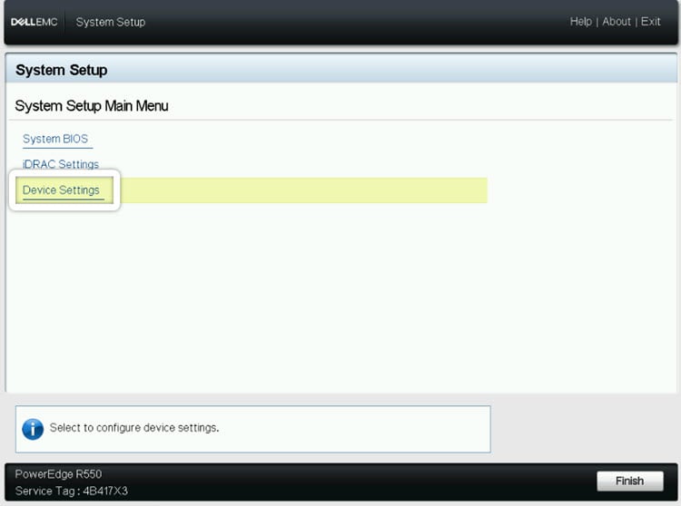 Dell EMC System Setup Bildschirm, klicken Sie auf Device Settings